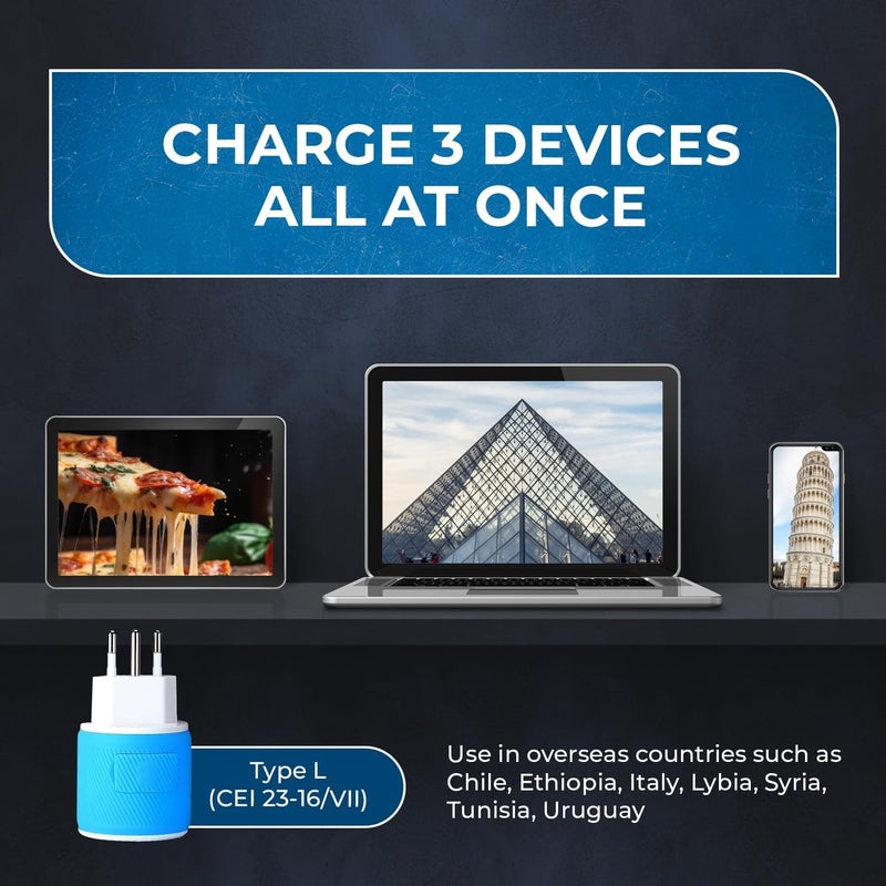 OREI Italy, Uruguay Travel Plug Adapter with Dual USB - Type L (U2U-12A), Will Work with Cell Phones, Camera, Laptop, Tablets, iPad, iPhone and More, Blue - Image 4